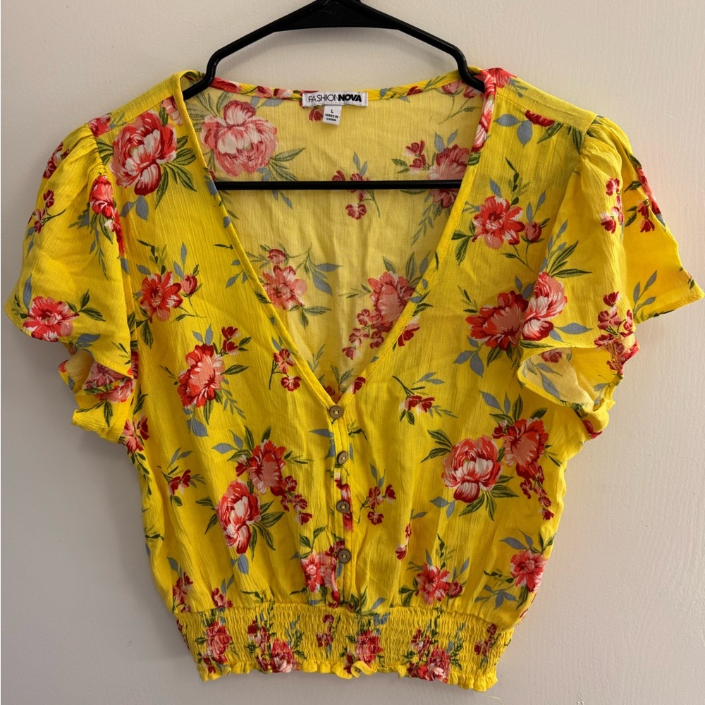 Fashion Nova Yellow Ruffled Crop Blouse